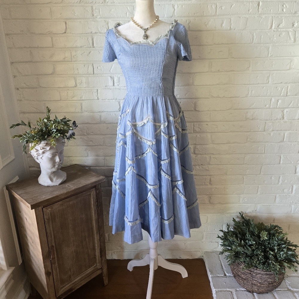 Cornflower Blue Lace Scallop Cotton Chambray Party Dress, XS